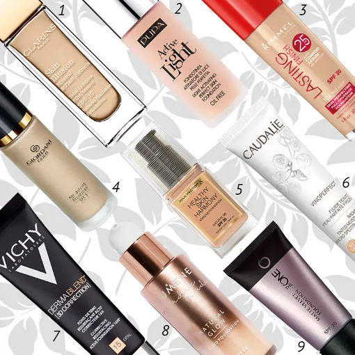 1 — Clarins Skin Illusion SPF 10; 2 — Pupa Active Light SPF 10; 3 — Rimmel London Lasting Finish SPF 20; 4 — Giordani Gold Age Defying Foundation SPF 8; 5 — Max Factor Healthy Skin Harmony SPF 20; 6 — Caudalie Fluide Teinte SPF 20; 7 — Vichy DermaBlend SPF 25; 8 — Lumene Natural Glow Fluid Foundation SPF 20; 9 — The One Matte Velvet Foundation SPF 20