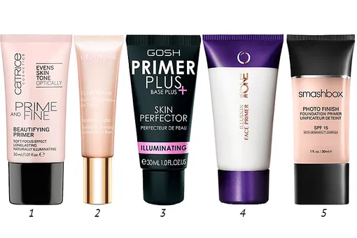 1. Catrice Праймер Prime and Fine; 2. Clarins База под макияж с эффектом сияния Eclat Minute; 3. Gosh Праймер с эффектом сияния кожи Primer Plus; 4. Oriflame База под макияж The ONE IlluSkin; 5. Smashbox Праймер Photo Finish SPF 20