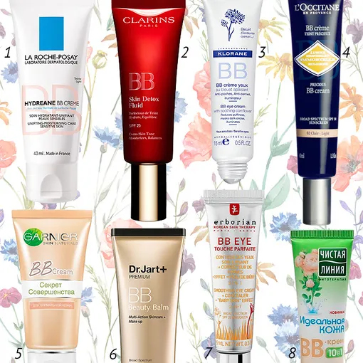 1 — la Roche-posay BB Cream; 2 — Clarins BB Skin Detox Fluid; 3 — Klorane BB cream yeux; 4 — L'Occitane BB cream; 5 — Garnier BB-крем для лица; 6 — Dr.Jart + BB cream; 7 — Erborian BB cream yeux; 8 — Чистая линия Идеальная кожа BB-крем