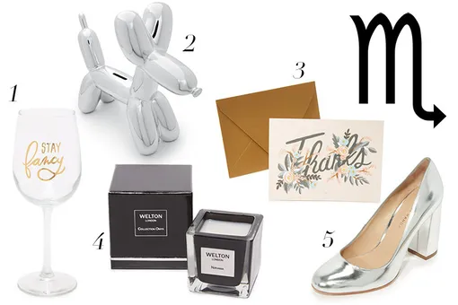 1. Бокал Stay Fancy, $14 (ru.shopbop); 2. Копилка Shopbop Gift Boutique, $60 (ru.shopbop); 3. Открытки Rifle Paper Co, $16 (ru.shopbop); 4. Свеча Welton London, $90 (ru.shopbop); 5. Туфли Loeffler Randall, $325