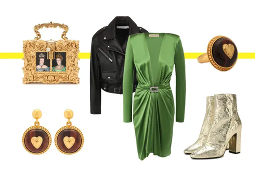 Кожаная куртка, IRO; Шелковое платье, Alexander Vauthier; кожаные ботильоны Saint Laurent; сумка, Dolce серьги, кольцо, Oscar de la Renta