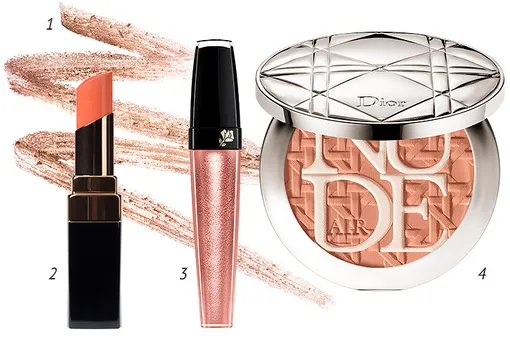 1 — Водостойкий карандаш для глаз Crayon Yeux Waterproof, Gold , Clarins, 1350 руб.; 2 — Увлажняющая помада Rouge Coco Shine, Golden Sun, Chanel, 2665 руб.; 3 — Жидкие тени Le Metallique Liquid Eyeshadow, Bronze Rivage, Lancome, 1600 руб.; 4 — Пудра Diorskin Nude Air Care & Dare, Collection Summer 2017, Amber Tan, Dior, 4024 руб. 1 — Водостойкий карандаш для глаз Crayon Yeux Waterproof, Gold , Clarins, 1350 руб.; 2 — Увлажняющая помада Rouge Coco Shine, Golden Sun, Chanel, 2665 руб.; 3 — Жидкие тени Le Metallique Liquid Eyeshadow, Bronze Rivage, Lancome, 1600 руб.; 4 — Пудра Diorskin Nude Air Care & Dare, Collection Summer 2017, Amber Tan, Dior, 4024 руб.