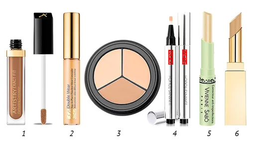 1. Artistry Консилер Exact Fit; 2. Estée Lauder Корректор Double Wear; 3. H&M Beauty Палитра консилеров; 4. Pupa Иллюминатор и корректор Luminys Touch; 5. Vivienne Sabo Корректор Correcteur Anti-Imperfections; 6. YSL Маскирующий карандаш Anti-Cernes