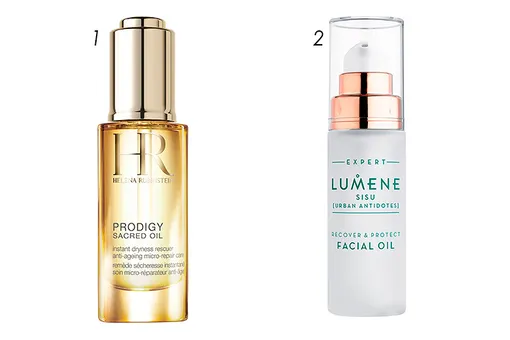 1- Антивозрастное восстанавливающее масло Prodigy Sacred Oil, Helena Rubinstein, 14 600 руб.; 2 — Масло для лица SISU, Recover and Protect Facial Oil, Lumene, 2530 руб.