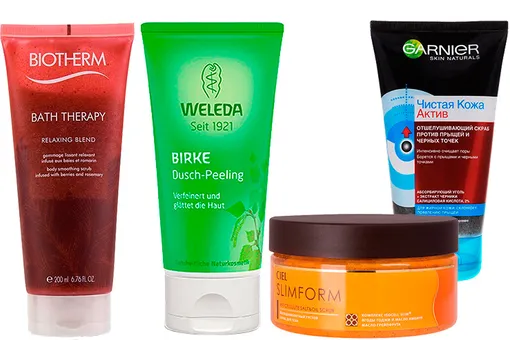 Biotherm Bath Therapy Relaxing Blend Body Scrub \ Weleda Birke Dusch-Peeling \ Ciel SLIMFORM Anticellulite Salt&Oil Scrub \ Garnier «Чистая кожа Актив» Отшелущивающий скраб против прыщей и черных точек