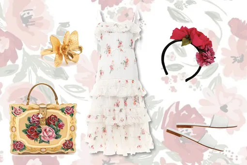 Хлопковое платье, Zimmermann; белые пантолеты, Prada; ободок с декором в виде цветов, Dolce& Gabbana; сумка Dolce& Gabbana; фигурное кольцо, Oscar de la Renta Хлопковое платье, Zimmermann; белые пантолеты, Prada; ободок с декором в виде цветов, Dolce& Gabbana; сумка Dolce& Gabbana; фигурное кольцо, Oscar de la Renta