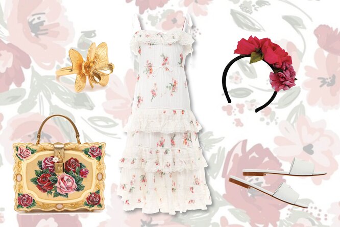 Хлопковое платье, Zimmermann; белые пантолеты, Prada; ободок с декором в виде цветов, Dolce& Gabbana; сумка Dolce& Gabbana; фигурное кольцо, Oscar de la Renta