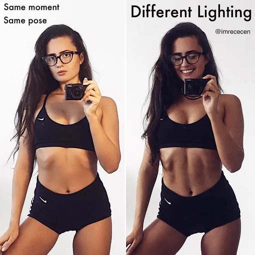 Имре Чечен показывает, как выглядит ее фигура при разном освещении и одинаковой позе