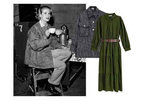 Грейс Келли в 50-х; зеленое платье-рубашка Reserved — 2999 руб., оверсайз рубашка из твида LIME — 5599 руб.