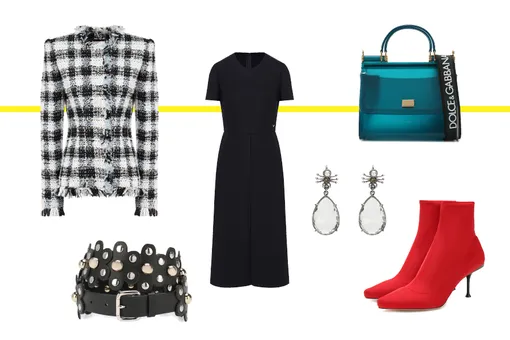 Платье, Valentino; жакет, Alexander McQueen; ботильоны, Sergio Rossi; сумка, Dolce кожаный ремень, Red Valentino; серьги, Alexander McQueen Платье, Valentino; жакет, Alexander McQueen; ботильоны, Sergio Rossi; сумка, Dolce кожаный ремень, Red Valentino; серьги, Alexander McQueen
