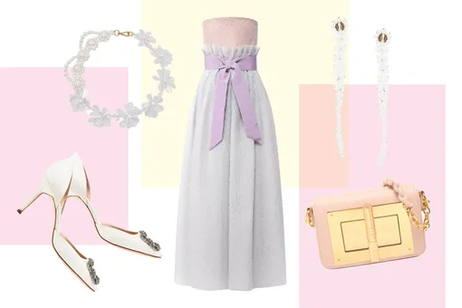 Шелковое платье – макси, Giorgio Armani; белые туфли Hangisido, Manolo Blahnik; cумка Small Natalia, Tom Ford; жемчужное ожерелье со стеклянными цветами, Simone Rocha; серьги из прозрачных бусин, Simone Rocha Шелковое платье – макси, Giorgio Armani; белые туфли Hangisido, Manolo Blahnik; cумка Small Natalia, Tom Ford; жемчужное ожерелье со стеклянными цветами, Simone Rocha; серьги из прозрачных бусин, Simone Rocha