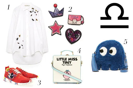 1. Рубашка Zara, 2 599 рублей 2. Стикеры Furla, $78 (ru.shopbop) 3. Кроссовки Moa, 15 480 рублей 4. Сумка Olympia Le-Tan, 158 400 рублей 5. Сумка Anya Hindmarch, $1 595