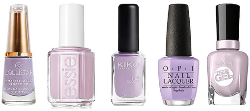 Collistar лак для ногтей Smalto Gloss (№557); Essie лак для ногтей (оттенок Go Ginza); Kiko Milano лак для ногтей Nail Lacquer (№330, Lilac); OPI лак для ногтей (№NL F83); Sally Hansen гель-лак Miracle Gel (№230, All Chalked Up) Collistar лак для ногтей Smalto Gloss (№557); Essie лак для ногтей (оттенок Go Ginza); Kiko Milano лак для ногтей Nail Lacquer (№330, Lilac); OPI лак для ногтей (№NL F83); Sally Hansen гель-лак Miracle Gel (№230, All Chalked Up)