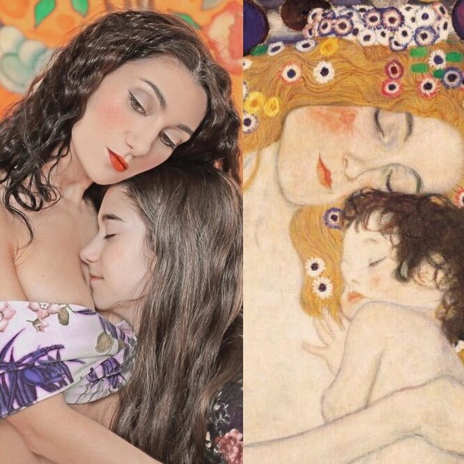 Лилия Корнели с дочерью и фрагмент картины Густава Климта «Три возраста женщины»