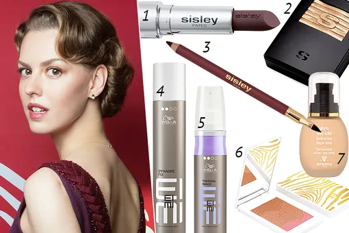 1. Сверкающая фитопомада (№12, Sheer Plum); 2. тени для век Phyto-Ombre Glow (№4, Ambra); 3. карандаш для губ Phyto-Lèvres Perfect (№5, Burgundy); 6. бронзирующая пудра с эффектом загара Phyto-Touche Sun Glow Powder (№1); 7. тональный крем Phyto-Teint Eclat (№1). Все — Sisley. 4. Спрей для фиксации 45 секунд EIMI Dynamic Fix; 5. термозащитный спрей EIMI Thermal Image. Все — Wella Professionals.