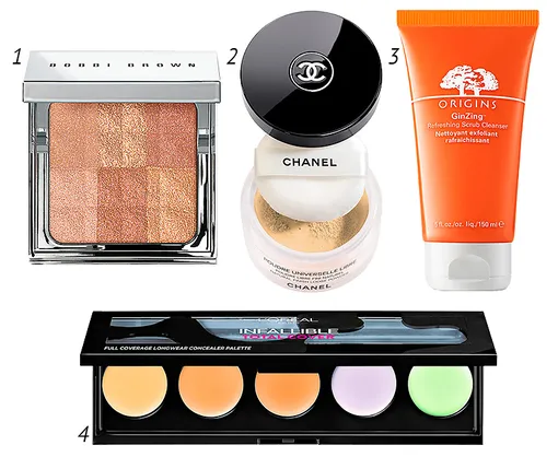 1 — Bobbi Brown Подсвечивающая пудра Brightening Finishing Powder; 2 — Chanel Рассыпчатая пудра Poudre Universelle Libre; 3 — L'Oreal Paris Набор корректоров Infallible Total Cover; 4 — Origins Скраб для лица GinZing