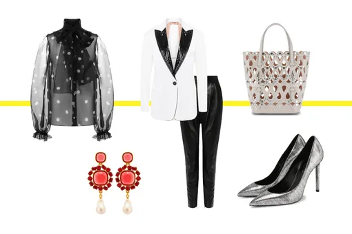 Хлопковый жакет, NO.21; шелковая блуза, Dolce кожаные брюки, Saint Laurent; туфли, Saint Laurent; сумка с перфорацией, Alaia; серьги, Oscar de la Renta Хлопковый жакет, NO.21; шелковая блуза, Dolce кожаные брюки, Saint Laurent; туфли, Saint Laurent; сумка с перфорацией, Alaia; серьги, Oscar de la Renta
