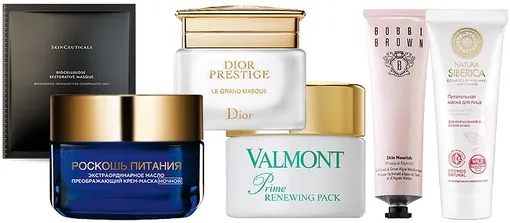 SkinCeuticals Biocellulose Restorative Masque; L'Oréal Paris «Роскошь питания»; Dior Prestige Le Grand Masque; Valmont Prime Renewing Pack; Bobbi Brown Face Mask Skin Nourish; Natura Siberika Питательная маска для лица