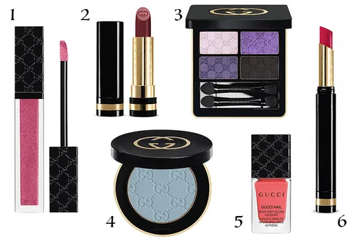 1. Блеск для губ Lip Gloss (№070, Layered); 2. Помада Luxurious Moisture Rich Lipstick(№495, Tulip); 3. Набор из четырех теней для век Magnetic Color Shadow Quad (№110, Smoky Amethyst); 4. Моно-тени для век Magnetic Color Shadow Mono (№095, Turquoise);5. Глянцевый лак для ногтей Bold High-Gloss Lacquer (№090, Crushed Coral); 6. Помада Deep Matte Lipstick (Fiery Fuchsia)