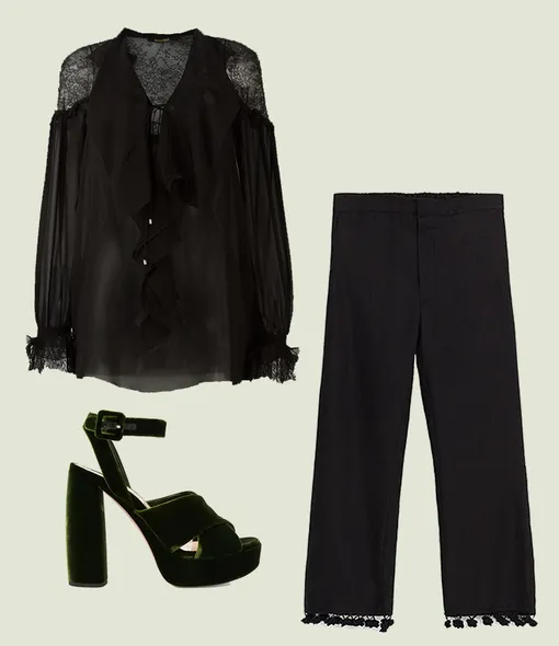 Блуза Roberto Cavalli, брюки Zara, мюли Miu Miu