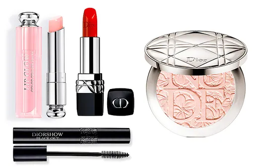 Блеск для губ Dior Addict Lip Glow; помада Dior Rouge №999; водостойкая тушь для ресниц Diorshow Black Out и хайлайтер Diorskin Nude Air Glowing Gardens