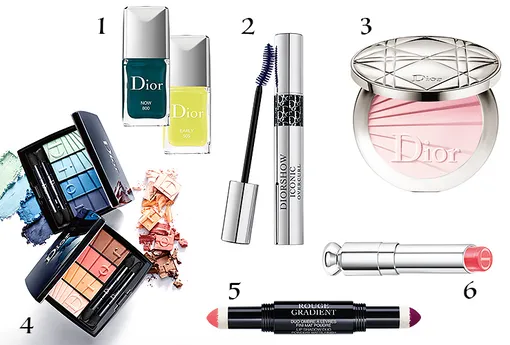 1. Лак для ногтей Dior Vernis (№800 Now; №505, Early); 2. Тушь для ресниц Diorshow Iconic Overcurl; 3. Подсвечивающая пудра Dior Diorskin Nude Air Colour Gradation (№002, Radiant Nude); 4. Палетка теней для век Dior Colour Gradation Palette (№001, Blue Gradation; № 002, Coral Gradation); 5. Двусторонняя пудровая губная помада Dior Rouge Gradient (№975, Magenta); 6. Губная помада Dior Addict Gradient Lipstick (№760, Fuchsia Twist)