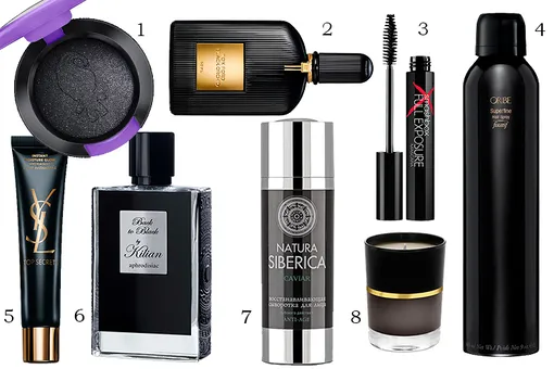 черный: 1 — M.A.C Cosmetics тени для век Eye Shadow; 2 — Tom Ford парфюмерная вода Black Orchid Eau De Parfum; 3 — Smashbox тушь для ресниц Full Exposure Mascara; 4 — Oribe лак средней фиксации Superfine; 5 — YSL Beauty увлажняющее средство для лица с эффектом сияния Instant Moisture Glow Top Secrets; 6 — Kilian парфюмерная вода Back to black aphrodisiac; 7 — Natura Siberica восстанавливающая сыворотка для лица Caviar; 8 — Oribe ароматическая свеча Cote d'Azur.