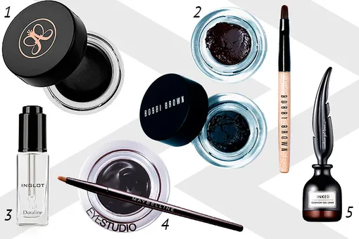 1 — nastasia Beverly Hills Waterproof Creme Color: 2 — Long-Wear Gel Eyeliner; 3 — Inglot Duraline; 4 — Maybelline New York Lasting Drama; 5 — Tony Moly Inked Cushion Gel Liner