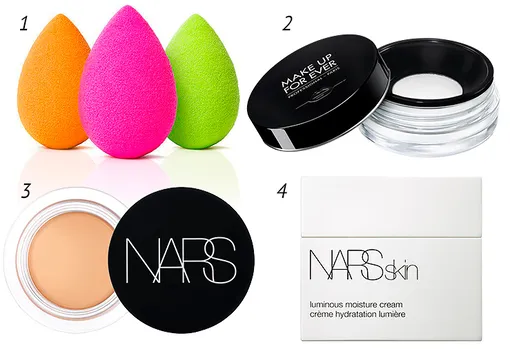 1 — Beautyblender Набор спонжей для макияжа Summer.Fling; 2 — Make Up For Ever Фиксирующая пудра Ultra HD Microfinishing Loose Powder; 3 — Nars Консилер Soft Matte Complete Concealer Concealer Cannelle; 4 — Nars Увлажняющий крем для лица Skin Luminous Moisture Cream