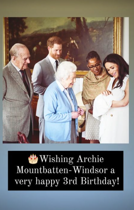 Принц Филипп, Елизавета II, принц Гарри, Меган Маркл с сыном Арчи и Дория Рагланд