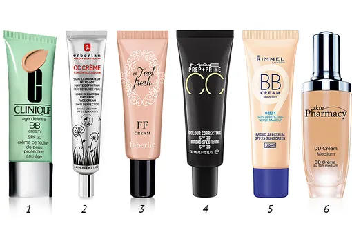 1. Clinique Многофункциональный корректирующий крем Age Defense BB Cream SPF 30; 2. Erborian СС-крем Совершенное сияние; 3. Faberlic FF-крем для лица; 4. M.A.C Cosmetics СС-крем Prep + Prime CC Colour Correcting; 5. Rimmel London BB-крем; 6. Skin Pharmacy DD-крем для лица