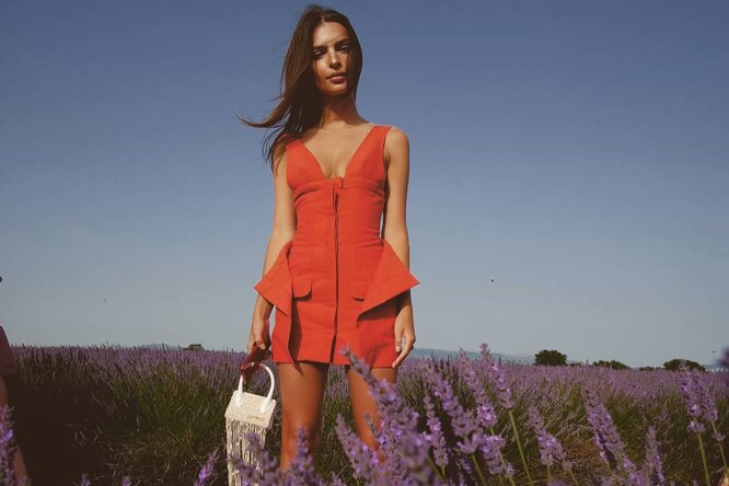 Эмили Ратаковски в мини-платье посмотрела модный показ на лавандовом поле
