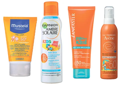 Солнцезащитные средства: Детское молочко SPF 50+, Mustela, 980 руб.; Cухой спрей для детей Ambre Solaire SPF 50+, Garnier, 749 руб.; Крем для детей с формулой без слез Sun for Kids Comfort Cream Wet Skin Application SPF 50, Lancaster, 2290 руб.; Детский спрей SPF 50+, Avene, 1478 руб.