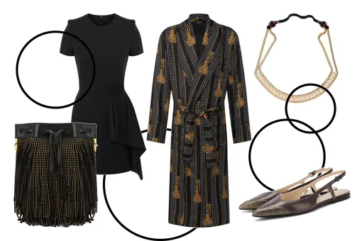 Шелковый халат, Dolce& Gabbana; маленькое черное платье, Aleхander Macqueen; кожаные балетки, Bottega Veneta; сумка с бахромой, Saint Laurent; ободок с декором, Elie Saab