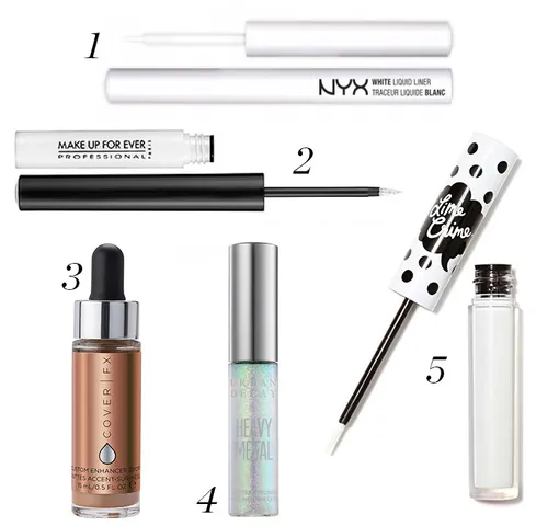 1.Жидкий лайнер Nyx; 2. Водостойкая подводка для глаз Make Up For Ever Aqua Liner в оттенке «Белый перламутр»; 3. Капли-иллюминаторы Cover FX Custom Enhancer Drops в оттенке Glistering Pearls; 4. Жидкая подводка для контура глаз Urban Decay Heavy Metal Glitter Eyeliner в оттенке Distortion; 5. Подводка для глаз Lime Crime Liquid Eyeliner в оттенке Lunar Sea