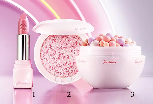 1.Губная помада Guerlain KissKiss (Pearly Pink); 2.Пресованные метеориты-румяна Guerlain Meteorites Happy Glow Blush; 3.Метеориты Guerlain Meteorites Happy Glow Pearls