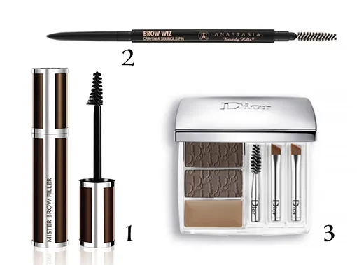 1. Моделирующее средство для бровей Givenchy Mr Brow Filler Mascara 2. Карандаш для бровей Anastasia Beverly Hills Brow Wiz 3. Набор для макияжа бровей Dior All-in-Brow 3D