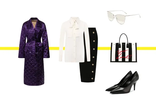 Пальто,Dries Van Noten; блуза с бантом, Valentino; юбка, Balmain; кожаные туфли, Casadei; сумка, Saint Laurent; очки, Tom Ford Пальто,Dries Van Noten; блуза с бантом, Valentino; юбка, Balmain; кожаные туфли, Casadei; сумка, Saint Laurent; очки, Tom Ford