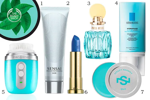 1 — The Body Shop масло для тела «Зеленый чай»; 2 — Sensai маска для лица Cellular Performance Mask; 3 — Miu Miu туалетная вода Eau Bleue; 4 — La Roche Posay интенсивное увлажняющее средство для лица Hydraphase Intense Legere; 5 — Clarisonic щетка для умывания Mia Fit; 6 — Urban Decay помада Vice Lipstick; 7 — Sergey Naumov бальзам для губ Lip Balm.