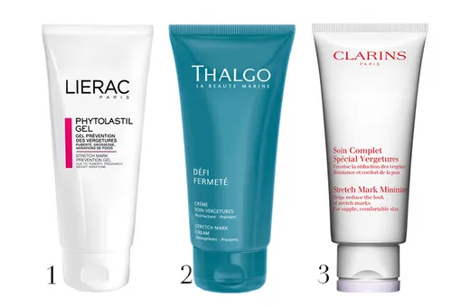 1. Гель для профилактики растяжек Lierac Phytolastil; 2. Крем от растяжек Thalgo Stretch Mark Cream; 3. Крем против растяжек Clarins Stretch Mark Minimizer