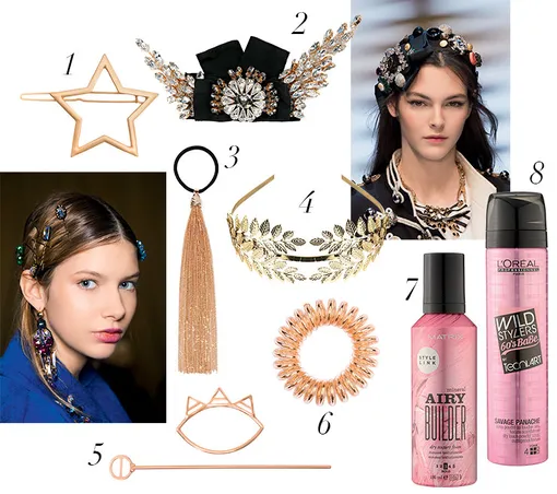 1. Заколка Twinkling Star, Nothing Special, Krygina Beauty Store, 671 руб., 2.Заколка из металла и сатина с кристаллами, Dolce & Gabbana, 98 300 руб. 3. Резинка для волос Teatro, Rosantica, 8595 руб. 4. Ободок, «Л’Этуаль», 699 руб. 5.Заколка Aurora, Nothing Special, Krygina Beauty Store, 968 руб. 6. Резинка для волос Time to Shine Original, invisibobble, 300 руб. 7.Сухой текстурирующий мусс для волос Style Link Airy Builder, Matrix, 1089 руб. 8. Текстурирующий спрей для волос Wild Stylers Savage Panache, L’Oréal Paris, 1269 руб.