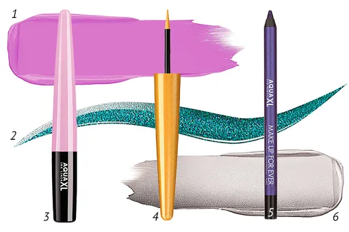 1 — Кремовые тени Aqua XL Color Paint, M-90; 2 — Жидкая водостойкая подводка AQUA XL INK LINER, D-28; 3 — Жидкая водостойкая подводка AQUA XL INK LINER, L-90; 4 — Жидкая водостойкая подводка AQUA XL INK LINER, L-40; 5 — Водостойкий карандаш для глаз AQUA XL, I-90; 6 — Кремовые тени Aqua XL Color Pain t, L-30. Все Make Up For Ever 1 — Кремовые тени Aqua XL Color Paint, M-90; 2 — Жидкая водостойкая подводка AQUA XL INK LINER, D-28; 3 — Жидкая водостойкая подводка AQUA XL INK LINER, L-90; 4 — Жидкая водостойкая подводка AQUA XL INK LINER, L-40; 5 — Водостойкий карандаш для глаз AQUA XL, I-90; 6 — Кремовые тени Aqua XL Color Pain t, L-30. Все Make Up For Ever