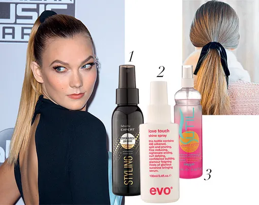 1/ Спрей-блеск для волос Expert Styling, Faberlic, 169 руб. 2/ Спрей для блеска волос Love Touch, Evo, 1915 руб. 3/ Двухфазный спрей-кондиционер для волос Sutil, Dikson, 1185 руб.