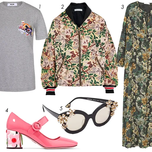 1 — MSGM, 11 650 в ЦУМе; 2 — Philosophy di Lorenzo Serafini, £413 на net-a-porter.com; 3 — Mango, 6 999 рублей; 4 — Prada, £736 на net-a-porter.com; 5 — alice + olivia, $525 на ru.shopbop.com