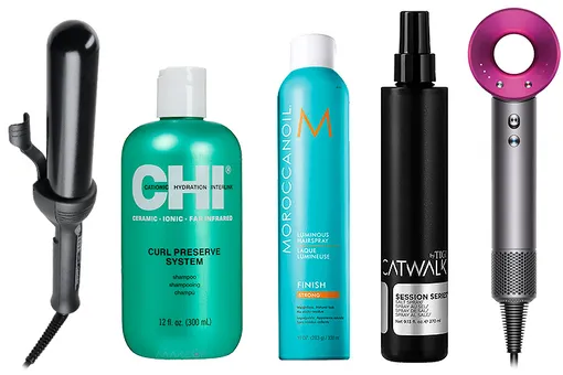 Cloud Nine Стайлер для волос The Waving Wand; CHI Шампунь для кудрявых волос CurlPreserve System; Moroccan Oil Лак для волос сильной фиксации Finish Strong; Tigi Catwalk Соленый спрей с морской солью Salt Spray; Dyson Фен Supersonic