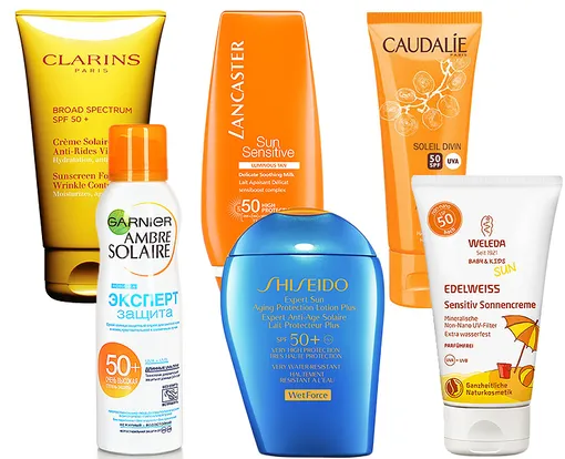 Солнцезащитные средства с SPF 50: Clarins, Lancaster, Caudalie, Garnier Ambre Solaire, Shiseido, Weleda