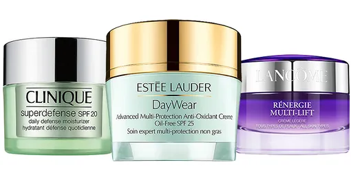 1 — Clinique увлажняющий крем для лица Superdefense SPF 20 Daily Defense Moisturizer; 2 — Estee Lauder крем для лица с SPF 25 DayWear; 3 — Lancome крем для лица для всех типов кожи с SPF 15 Renergie Multi-Lift