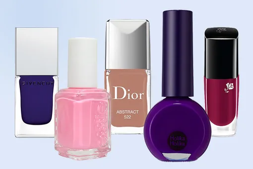 1. Le Vernis Givenchy 30 Heroic Blue, 2. Essie Professional Application 955 Delhi dance, 3. Dior Vernis 522 Abstract, 4. Holika Holika Basic Nails PP02 Deep Purple, 5. Lancome 522