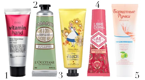 1. Крем для рук Evas Vitamin hand «Зимняя вишня»; 2. Крем для рук L’Occitane «Восхитительные ручки Миндаль»; 3. Крем для рук Beyond Alice in Glow; 4. Крем для рук Librederm Аевит «Дамасская роза и мускус»; 5. Увлажняющий крем «Бархатные ручки»