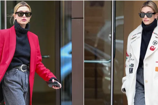 Хейли Болдуин сменила два стильных дизайнерских пальто за один день